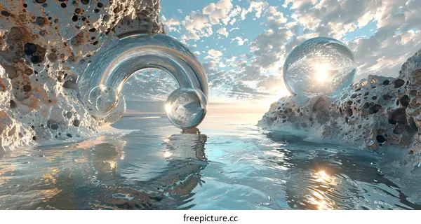 Floating Glass Spheres above Crystal Clear Water in a Fantasy Landscape