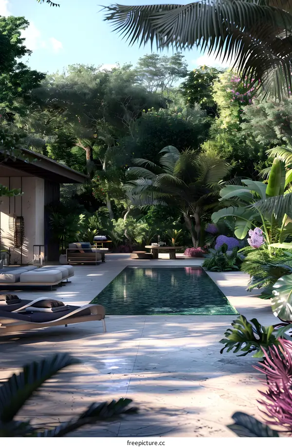 Tropical Backyard with Pool and Lush Greenery