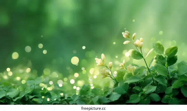 Nature Scene with Delicate Flowers and Green Leaves