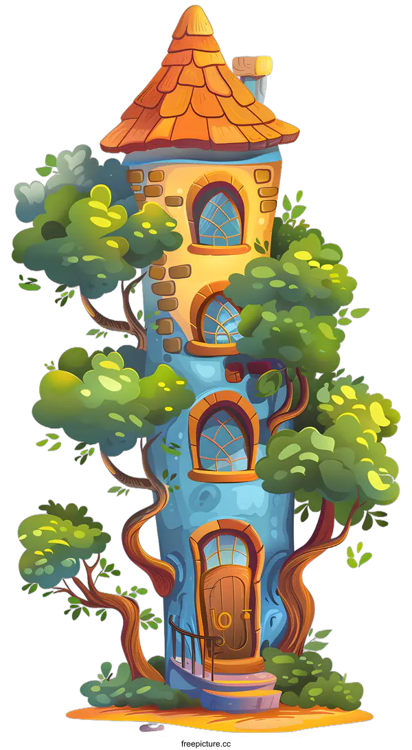 [Transparent Background PNG]Cartoon Illustration of a Blue and Yellow House with a Red Roof