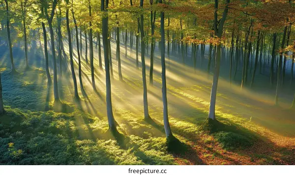 Sunbeams Piercing a Misty Forest