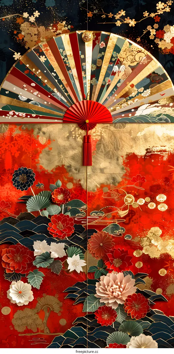 A扇子background with a red fan in the middle