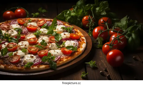 A delectable pizza with fresh tomatoes, mozzarella cheese, and basil