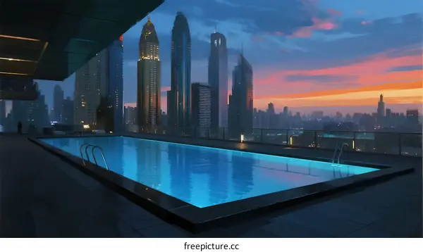 Modern Rooftop Swimming Pool with City Skyline at Sunset