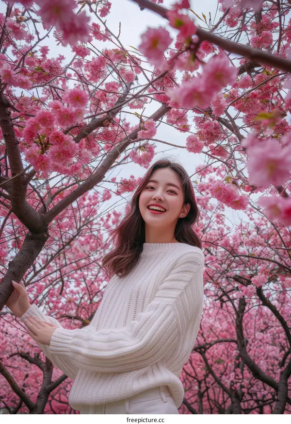 A woman standing in a field of cherry blossoms