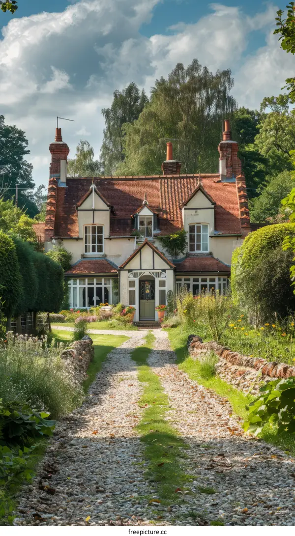 A charming English country cottage with flowers in the garden