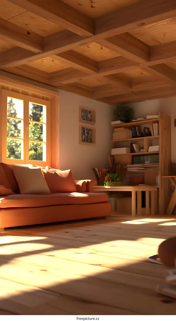 Cozy Living Room Interior Design with Wooden Beams