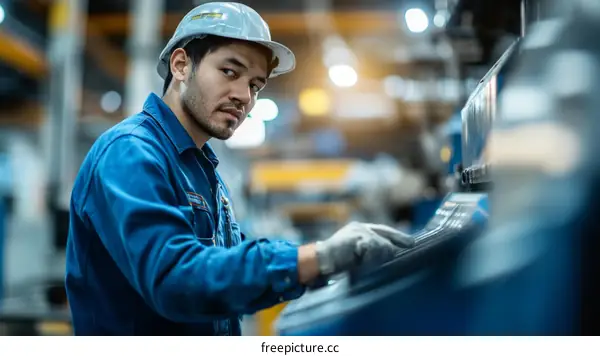 Asian worker operating industrial machine