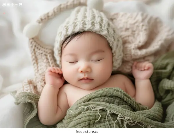 An adorable sleeping baby in a cozy blanket