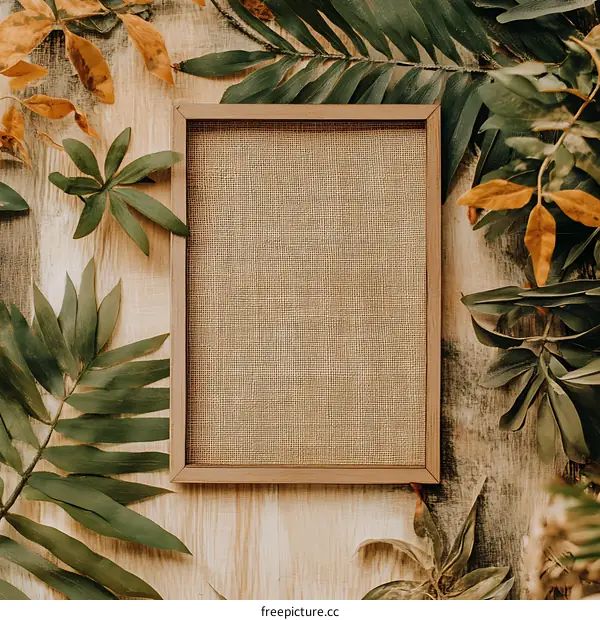 Rustic Wooden Frame with Green Leaves and Beige Background