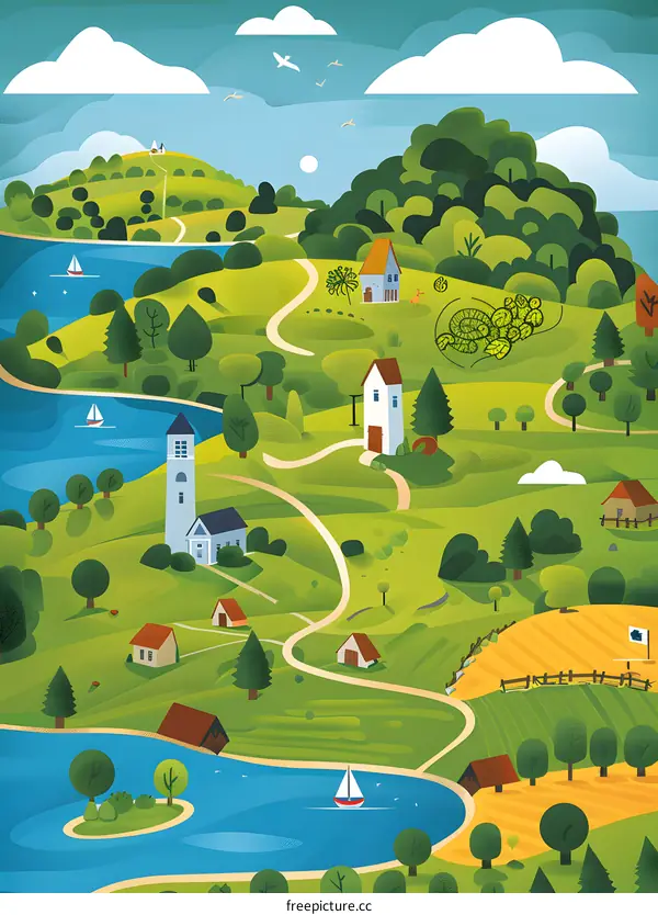 Illustrated Landscape with Houses, Trees, and a Winding River