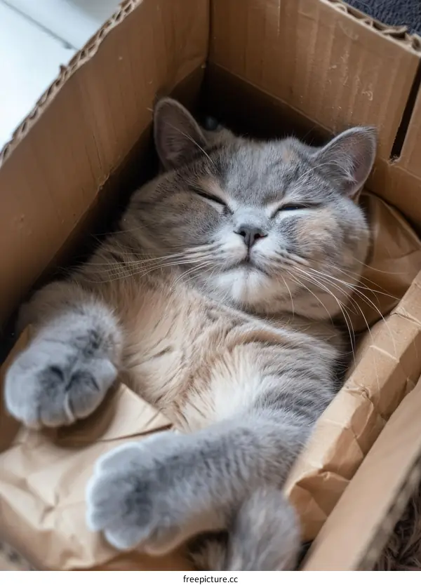 Cute Cat Curled Up in a Box, Snoozing the Day Away