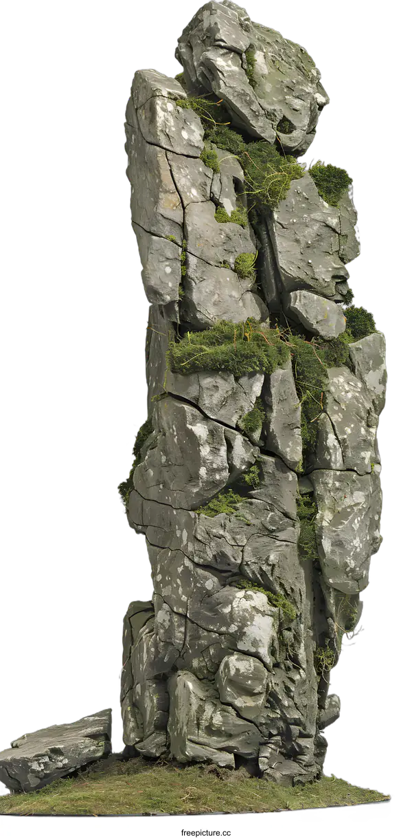 [Transparent Background PNG]Green Moss Covered Cracked Rock Formation