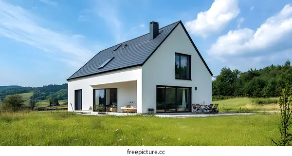 Modern White House with Black Roof and Green Grass