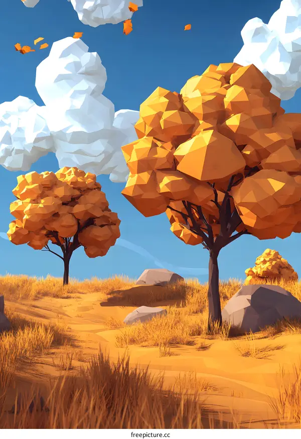 Low Poly Autumn Landscape with Trees and Clouds