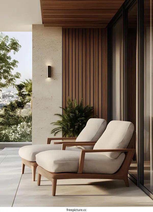 Modern Patio Design with Two Lounge Chairs and Wooden Wall