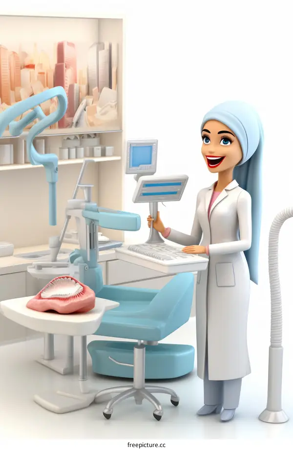 A female dentist wearing a hijab is standing in a dental clinic