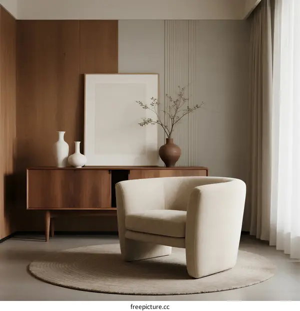 Modern Minimalist Living Room with Beige Armchair and Wooden Cabinet