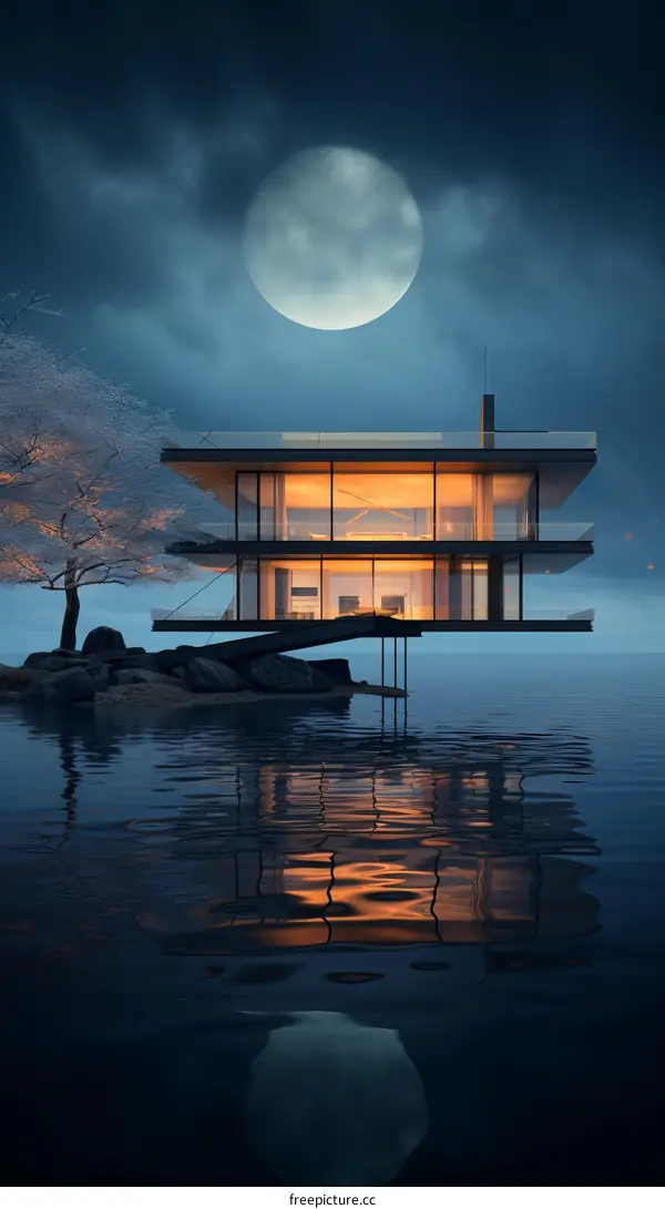 A modern house over water with a full moon in the background