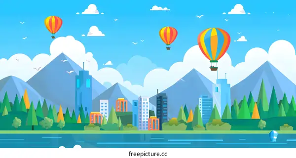 Cartoon Style Cityscape with Hot Air Balloons and Mountains