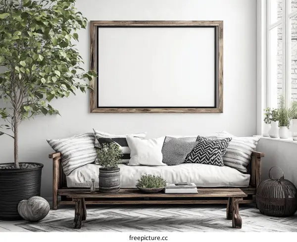 Modern Rustic Living Room Mockup with Blank Frame