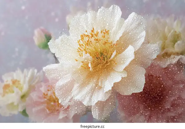 Close-up of Water Droplets on Beautiful Peonies