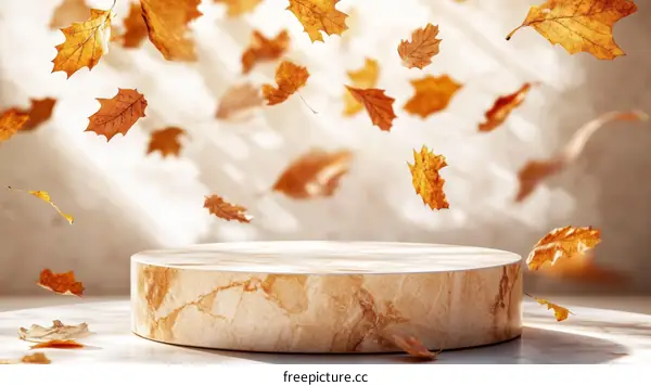 Autumn Leaves Falling on a Wooden Display Platform
