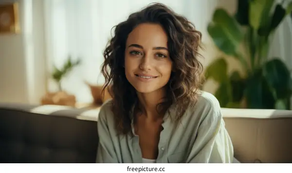Portrait of a young woman with curly hair smiling at the camera