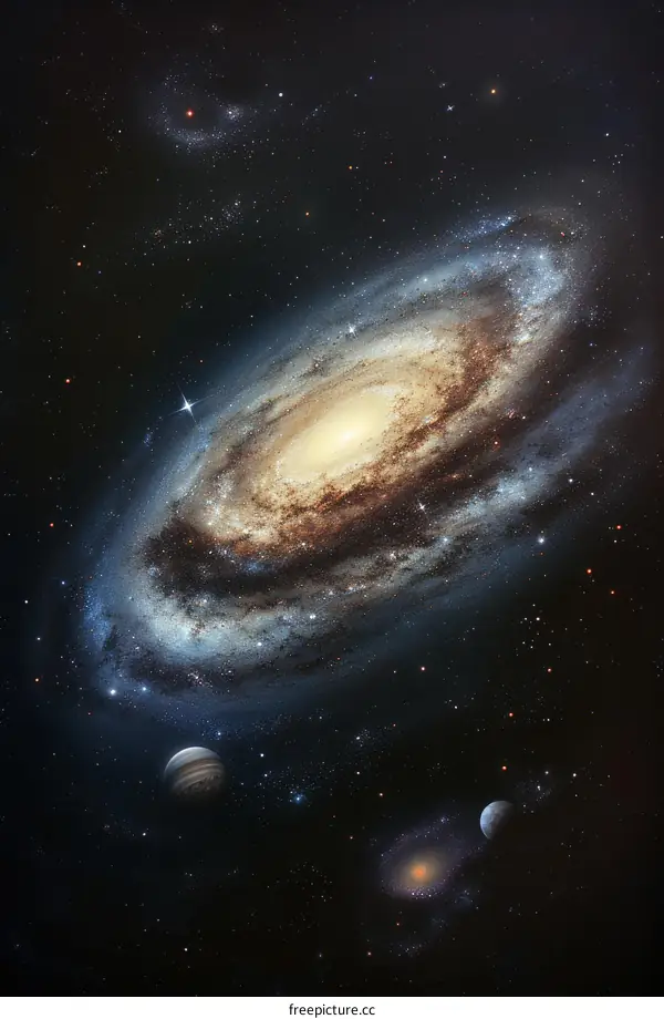 An illustration of a spiral galaxy with two planets in the foreground.