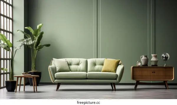 Green living room with sofa and plants