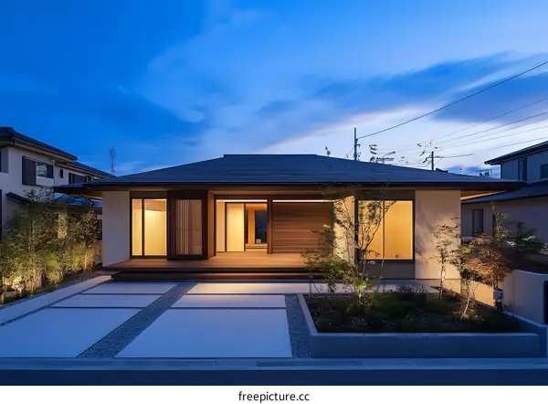 Modern Japanese House with Wooden Deck and Gravel Garden at Dusk