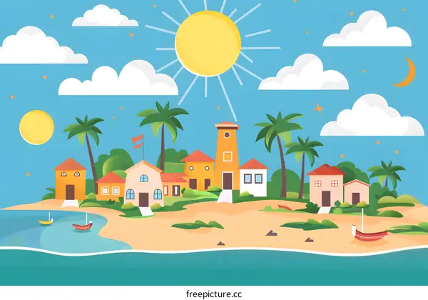 Summer Beach Village Illustration With Palm Trees