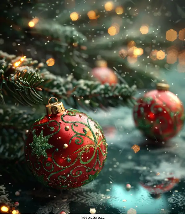 Christmas Ornaments on Snowy Branch