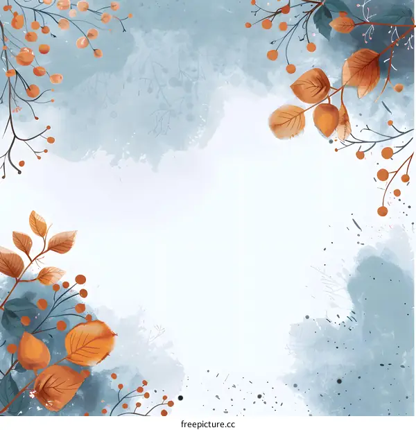 Watercolor Painting Of Autumn Leaves And Berries On A Blue Background