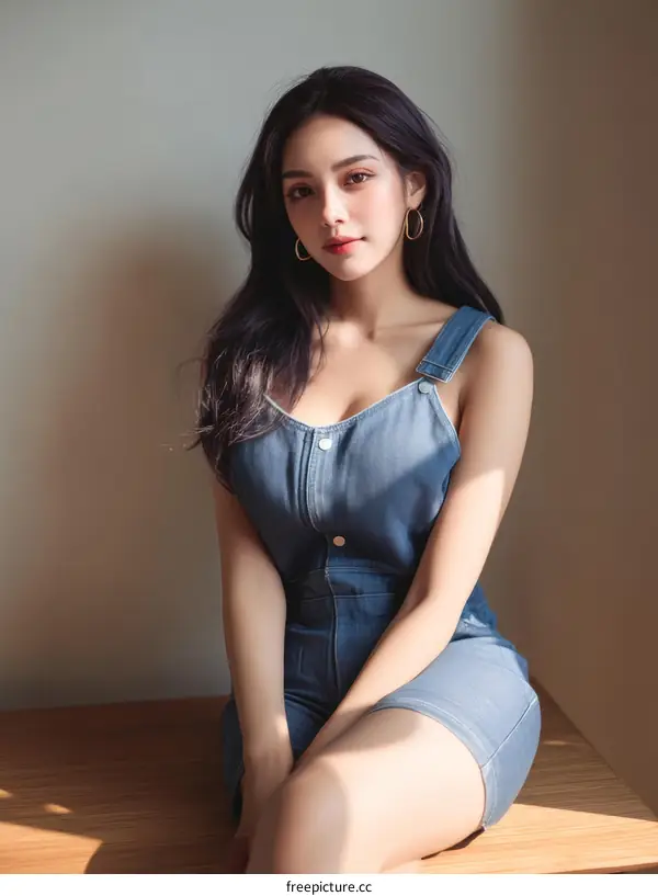 Asian Woman in Denim Jumpsuit Fashion Portrait