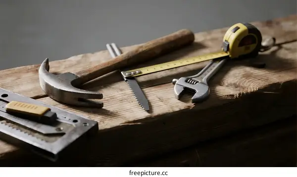 Various tools including hammer, tape measure, wrench and saw