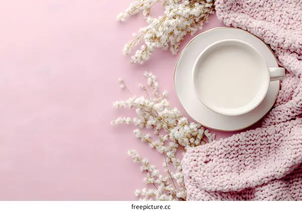 Cozy Winter Coffee Cup on Pink Background with Flowers