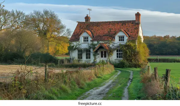 A picturesque English country cottage with a red roof and white walls