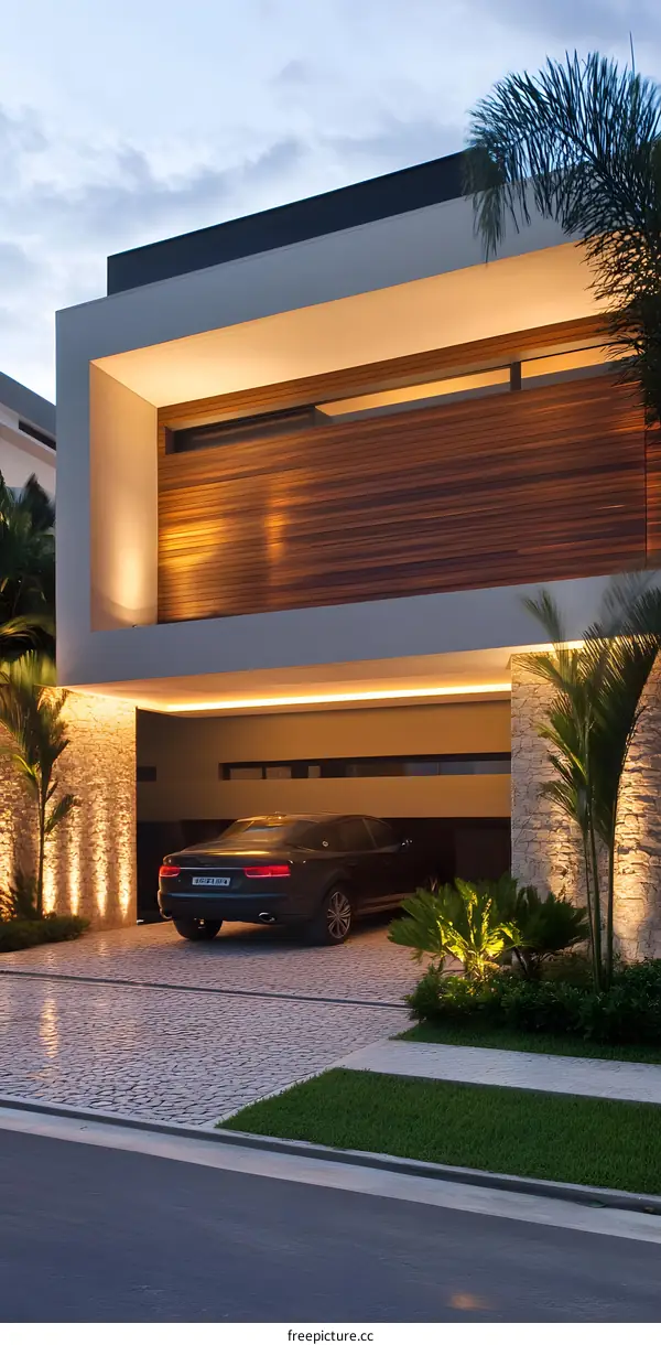 Modern House with Stone Wall and Palm Trees