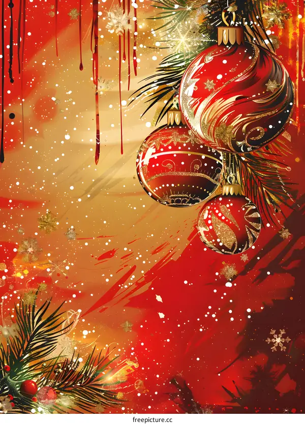 Christmas tree branch with Christmas decorations and red Christmas balls