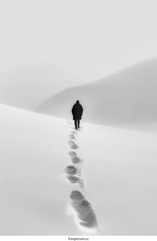 Man walking alone in snow field leaving footprints