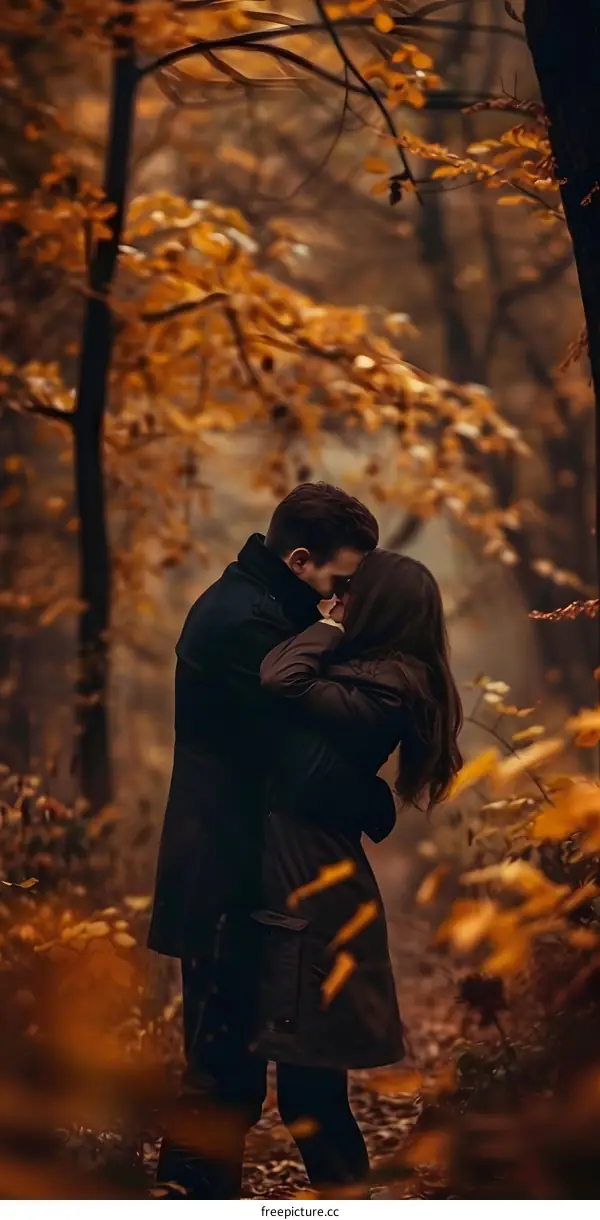 Couple Kissing in Autumn Forest