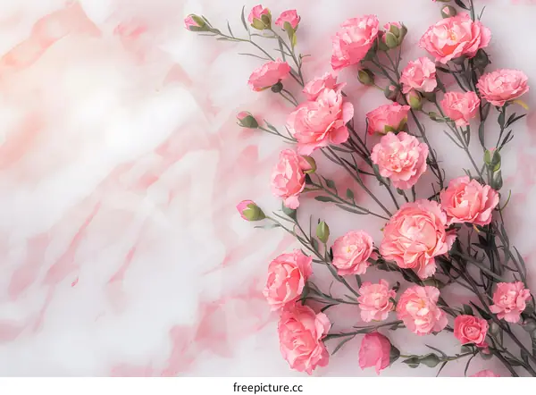 Pink Carnations Flowers Bouquet On Marble Background