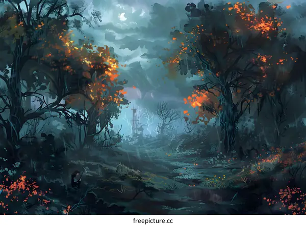 Fantasy Forest Illustration With Moon and Person