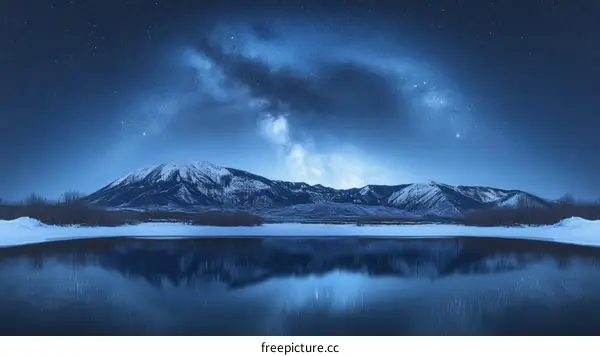 Winter Night Sky Above Snowy Mountain Lake