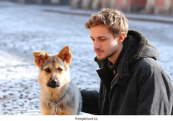 Young Man and Dog Outdoors in Winter