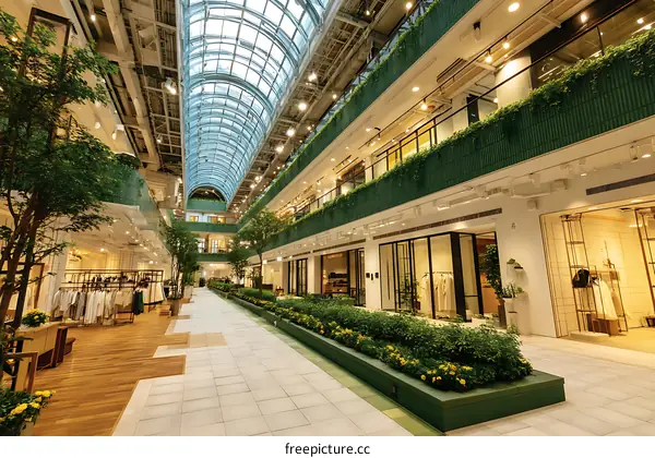 Modern Shopping Mall with Lush Landscaping