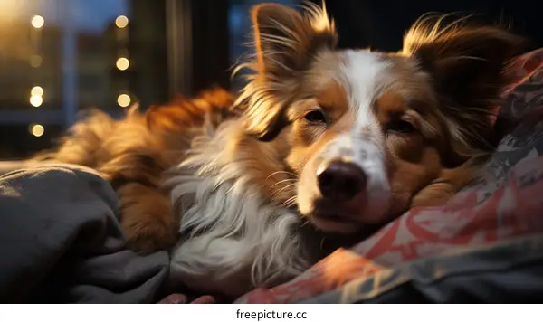 A cute dog is lying on the bed and looking at the camera