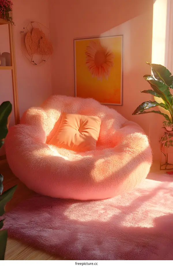 Pink Fluffy Chair in a Room with Sunbeams