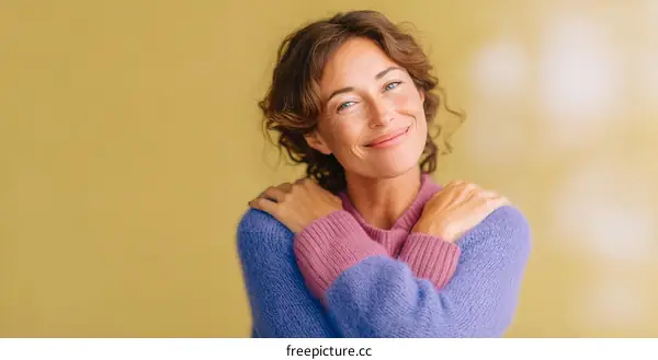Smiling Woman in a Cozy Purple and Pink Sweater